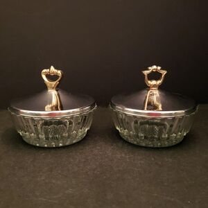 Pressed Glass Compote Candy Nut Trinket Dish Gold Handle Chrome Lid MCM Vintage